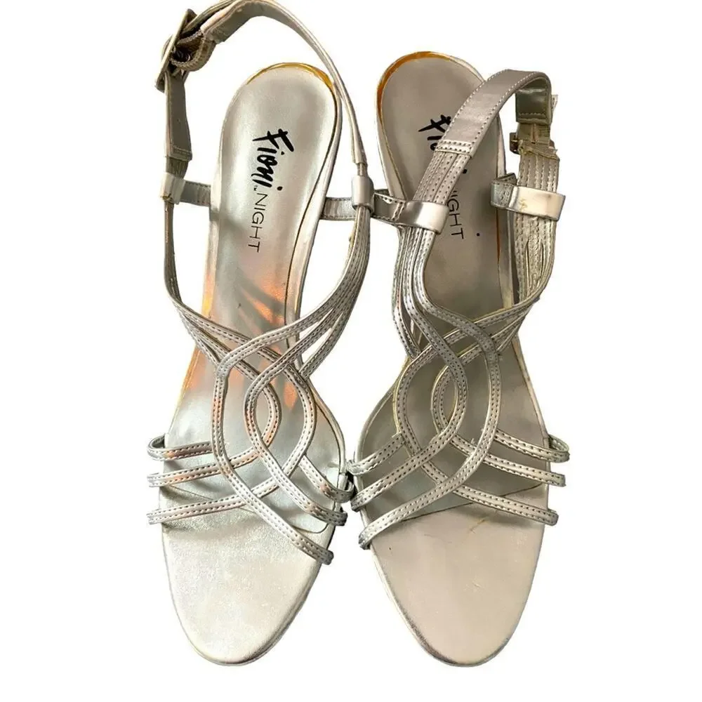 Silver party shoes pumps stilettos 3” heels wide sling back straps size 8